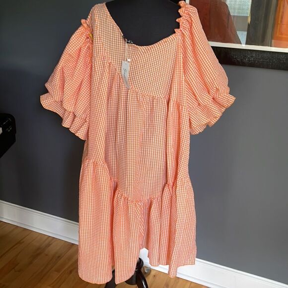 Simplee Plus orang/white seersucker gingham asymmetrical neck tiered ruffle midi - Picture 10 of 12